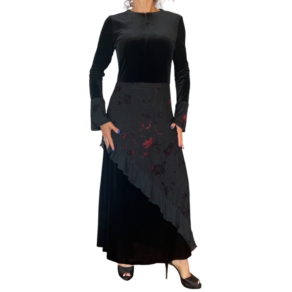 J.‎ ADIRO WOMEN'S VINTAGE DRESS BLACK VELVET FLORAL GOTHIC  LONG SLEEVE MAXI  XS